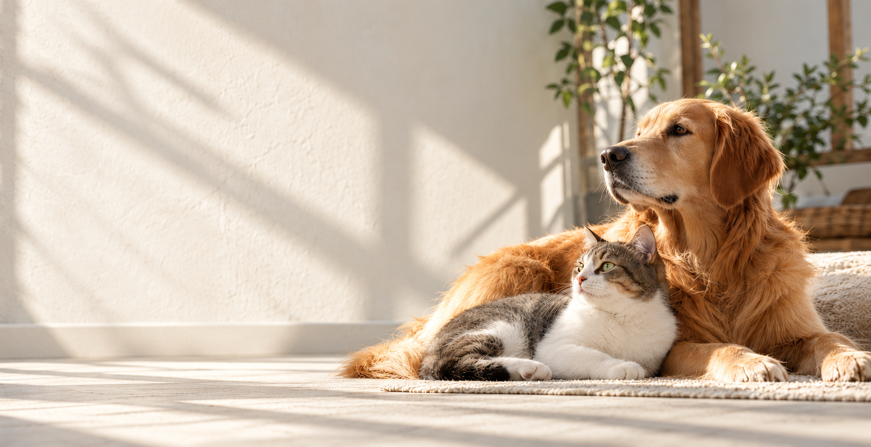 A golden dog and a tabby cat resting together in warm morning light